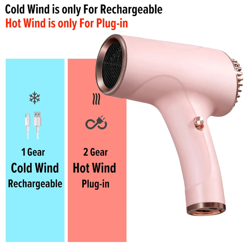 2600mAh Cordless an ion Blow portable Hair Dryer 40/500W, USB Rechargeable Powerful 2 Gears for Household, Travel & Salon